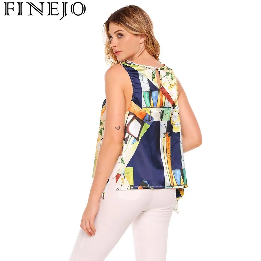 FINEJO Женская майка с принтом без рукавов свободные повседневные топы со шнуровкой