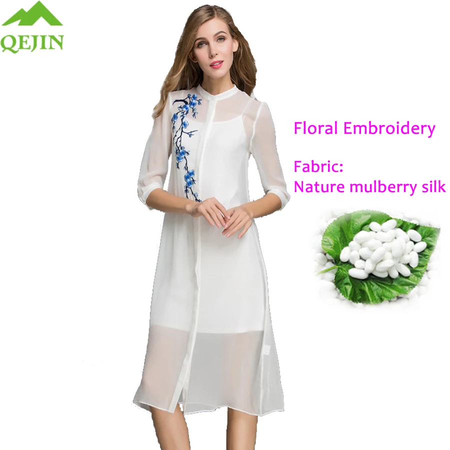 

2018 summer style lady shirt dresses retro floral sexy tops nature silk embroidery office women blouse bodycon beach dresses