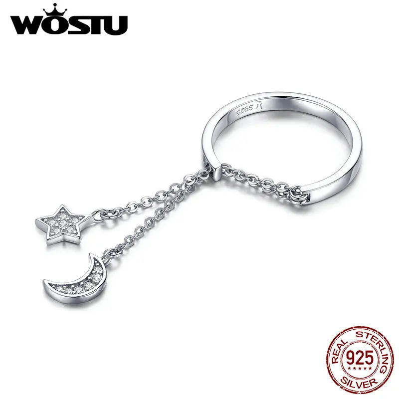 WOSTU, празднование Луны и звезды, цепочка, звено, кольцо, 925 пробы, серебро, регулируемые кольца, прозрачный CZ палец для женщин, ювелирное изделие FIR407