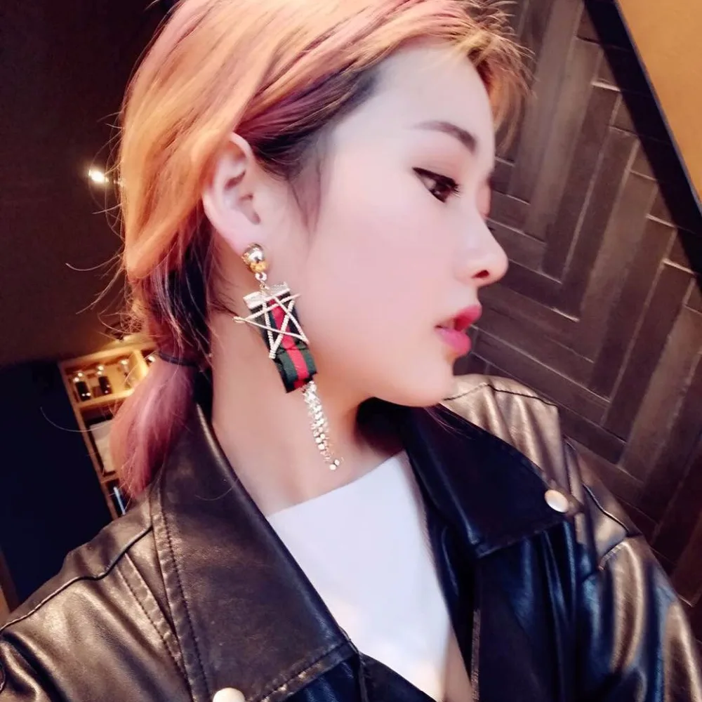 Korean Women Big Star Drop Earrings Stripe Ribbon Pentagram Long Chain Tassel For Girls Party Jewelry | Украшения и аксессуары
