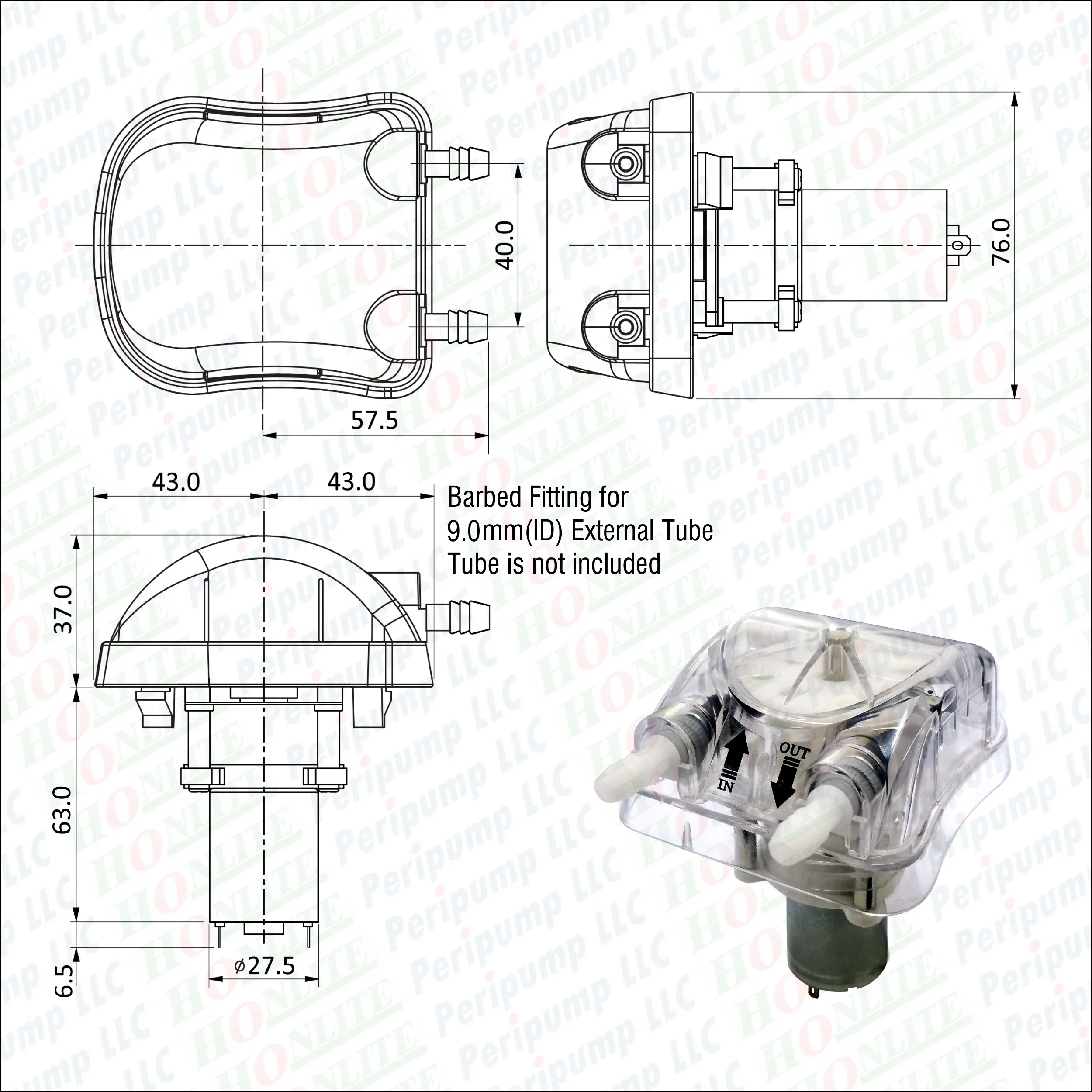 800 мл/мин. 30psi 24Vdc Honlite перистальтический насос с сменная насосная насадка и Santoprene