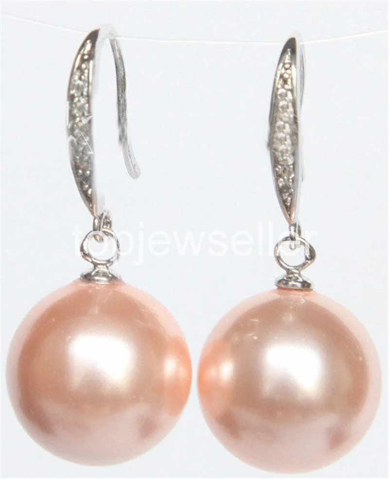 

Free shipping Dangle 14mm pink south sea shell pearls Earrings 925 silver hook