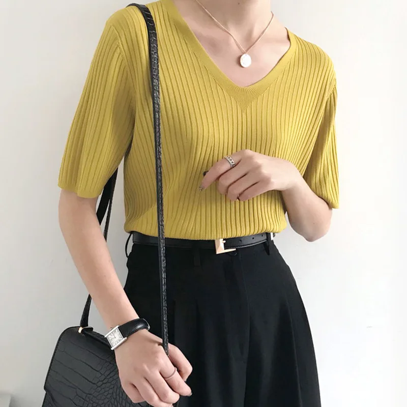 Новинка 2020 женские рубашки трикотажные летние женская одежда с V образным