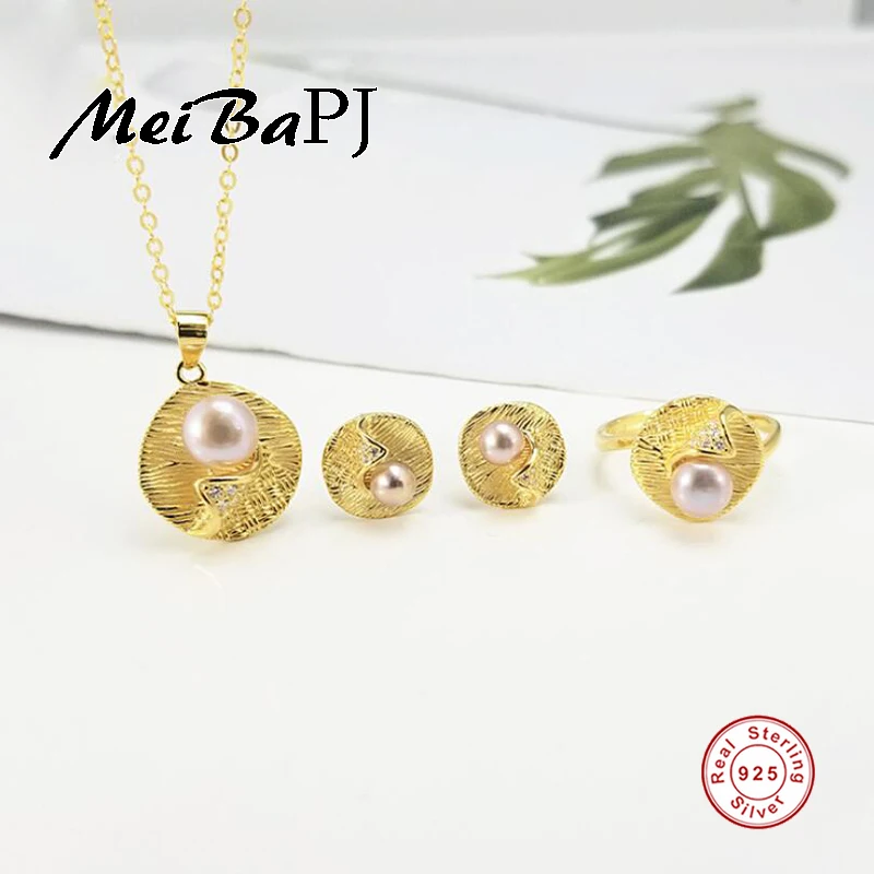 Набор ювелирных изделий [MeiBaPJ] "Персональная мода" с AAA цирконом из серебра S925: золотые серьги и колье с кольцом для женщин.