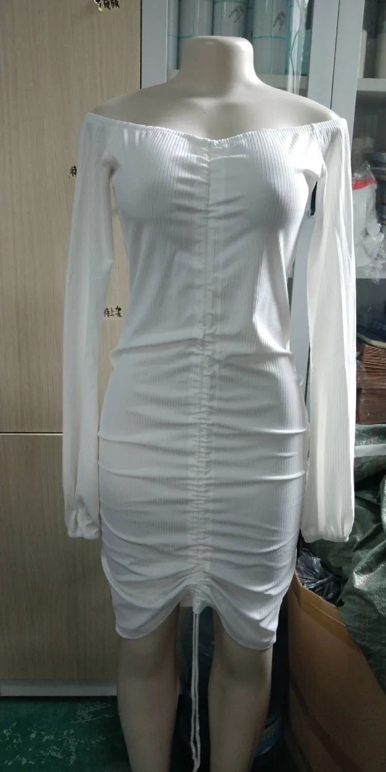

Women Off Shoulder Sexy Bodycon Party Dresses Long Sleeve Drawstring Pencile Elegant Midi Dress Ribbed Knit Vestidos Woman