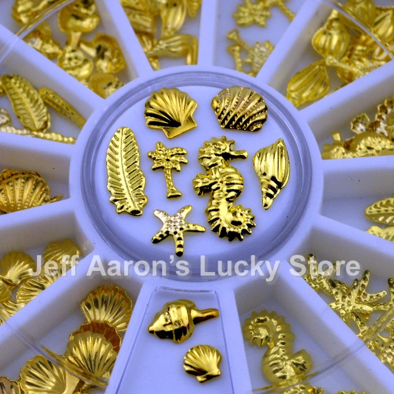 

3D Gold Metal Nail Art Decoration Accessories Nail Supplies Wheel Manicure Beauty Tools Shell Conch Starfish Feather Design