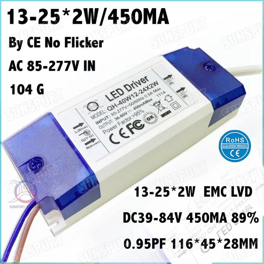 3 шт. в коробке TUV CE 40 Вт AC85 277V светодиодный драйвер 13 25x2W 450mA DC39 84V постоянного тока