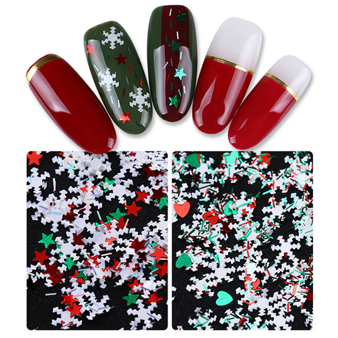 Xmas Nail красный зеленый Звезда Сердце и в полоску с белыми Снежинка смешивания Цвет Форма Flake Nail Блестки блестка Рождество декоры