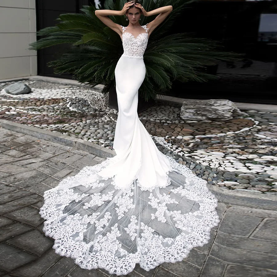 

Sexy Mermaid Wedding Dress Bridal Gown Long Lace Train Cap Sleeve Applique Illusion Wedding Gowns Vestidos De Novia