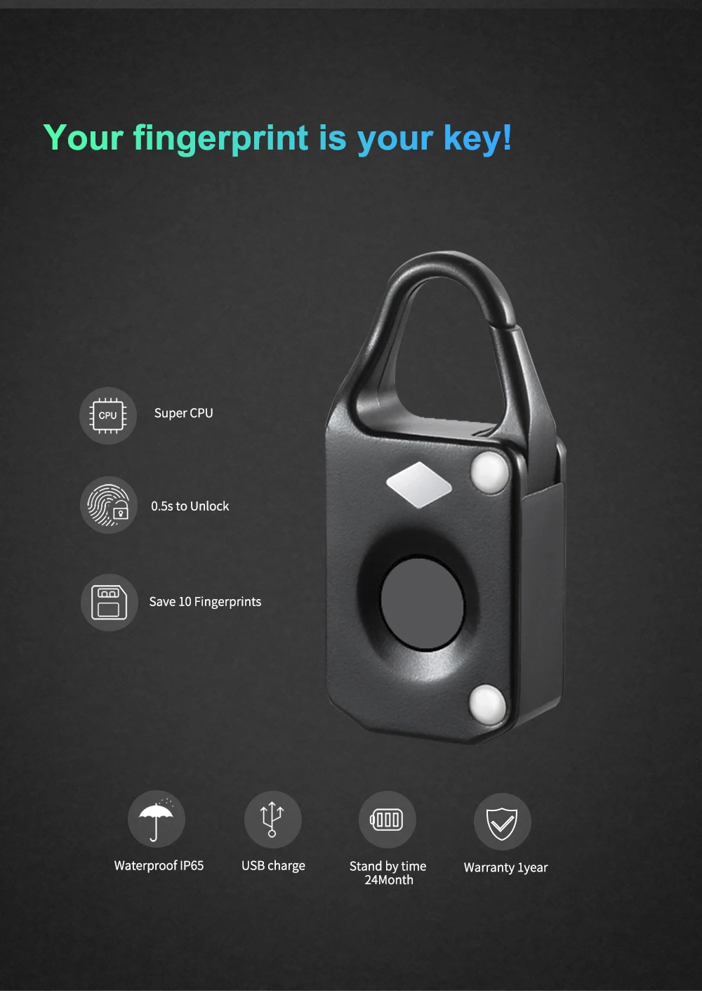 2019 fashion Smart fingerprint padlock security lock waterproof for cabinet suitcase bag luggage | Безопасность и защита