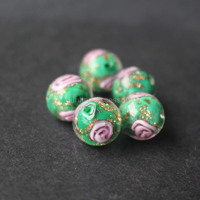 10Pcs/Lot 10mm 12mm Handmade Lampwork Flower Beads Green Color With Gold powder Japanese Style for jewelry | Украшения и