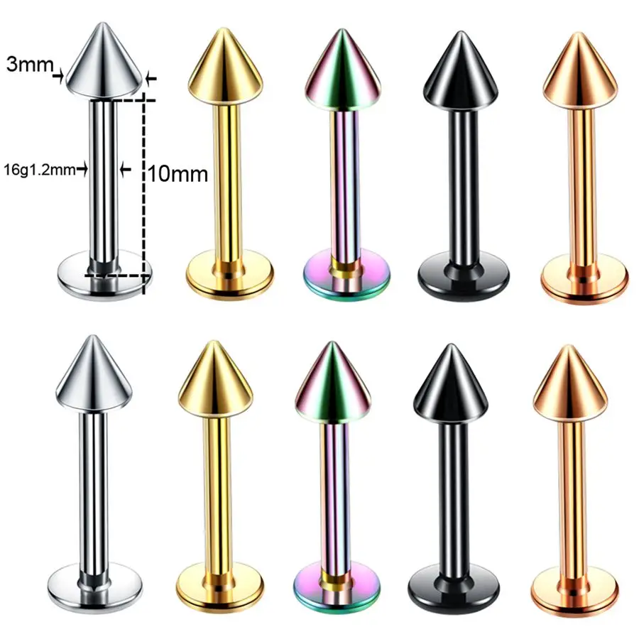 Labret Spike 10mm 10 шт./партия, стальной сегмент, кольцо, смешанные цвета, нос, губы, брови, язык, Спиральные серьги, кольца, неполные кольца с шариками, пирсинг тела, ювелирные изделия 16 г - Окраска металла: Labret Spike 10mm