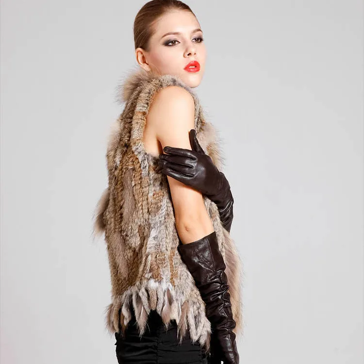 Free shipping new real/natural Knitted rabbit fur vest with genuine raccoon collar mixed order women's | Женская одежда