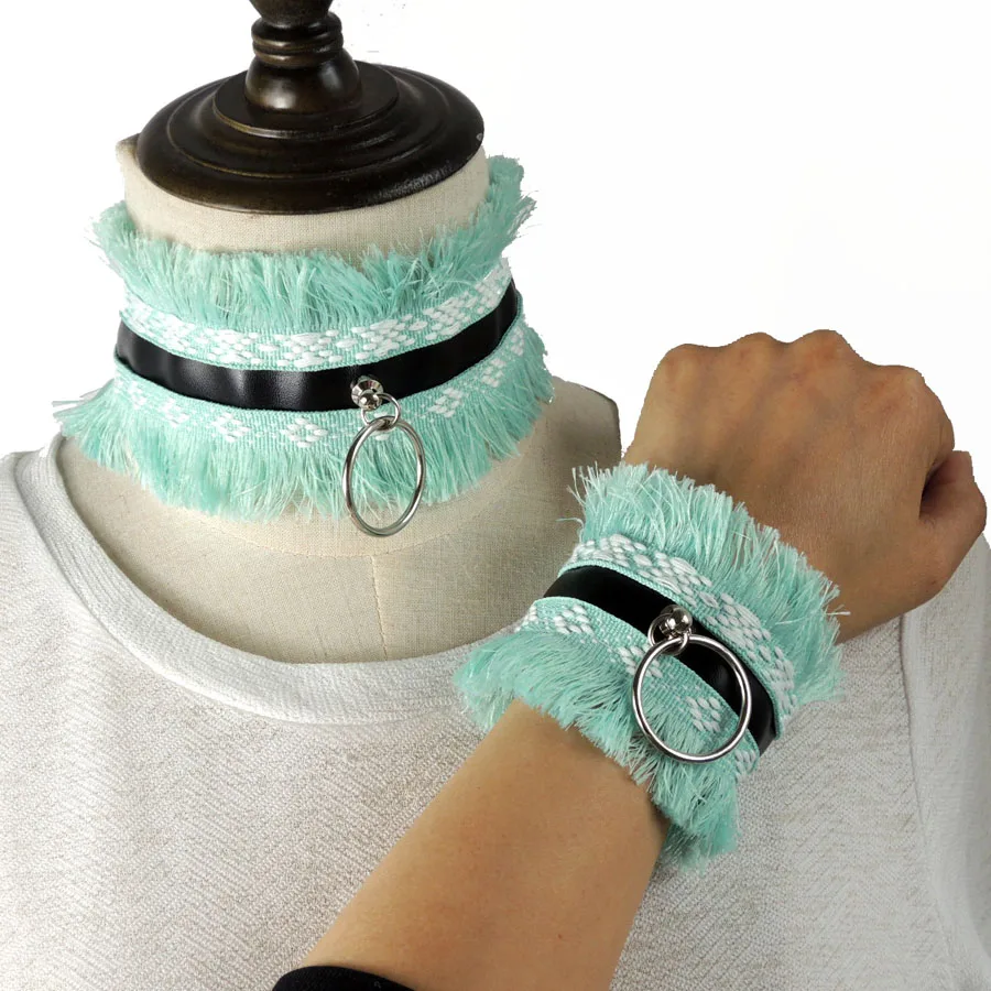 choker braceelt set DDLG манжета Кожаный браслет из ПУ Фетиш Викторианский дерзкий дикая подложка БДСМ рабство светло-зеленый nw430b - Окраска металла: choker braceelt set