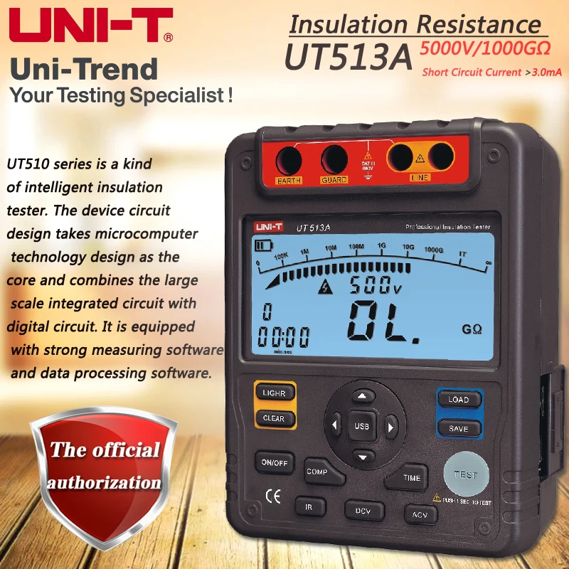 

UNI-T UT513A Insulation Resistance Tester 5000V Automatic Range Digital Megohmmeter Data Storage Polarization Index Backlight