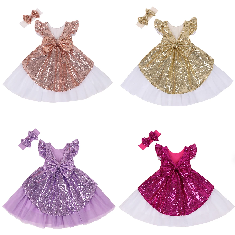 Girls Sequin Dress Baby Toddlers Tutu Sundress Kids Tulle Bridesmaid Gold White Cute Summer Party Clothes with Headband | Детская одежда