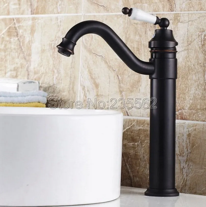 

Bathroom Basin High Faucet Swivel Spout Mixer Basin Taps Black Oil Rubbed Bronze Faucets Ceramic Lever lnf312