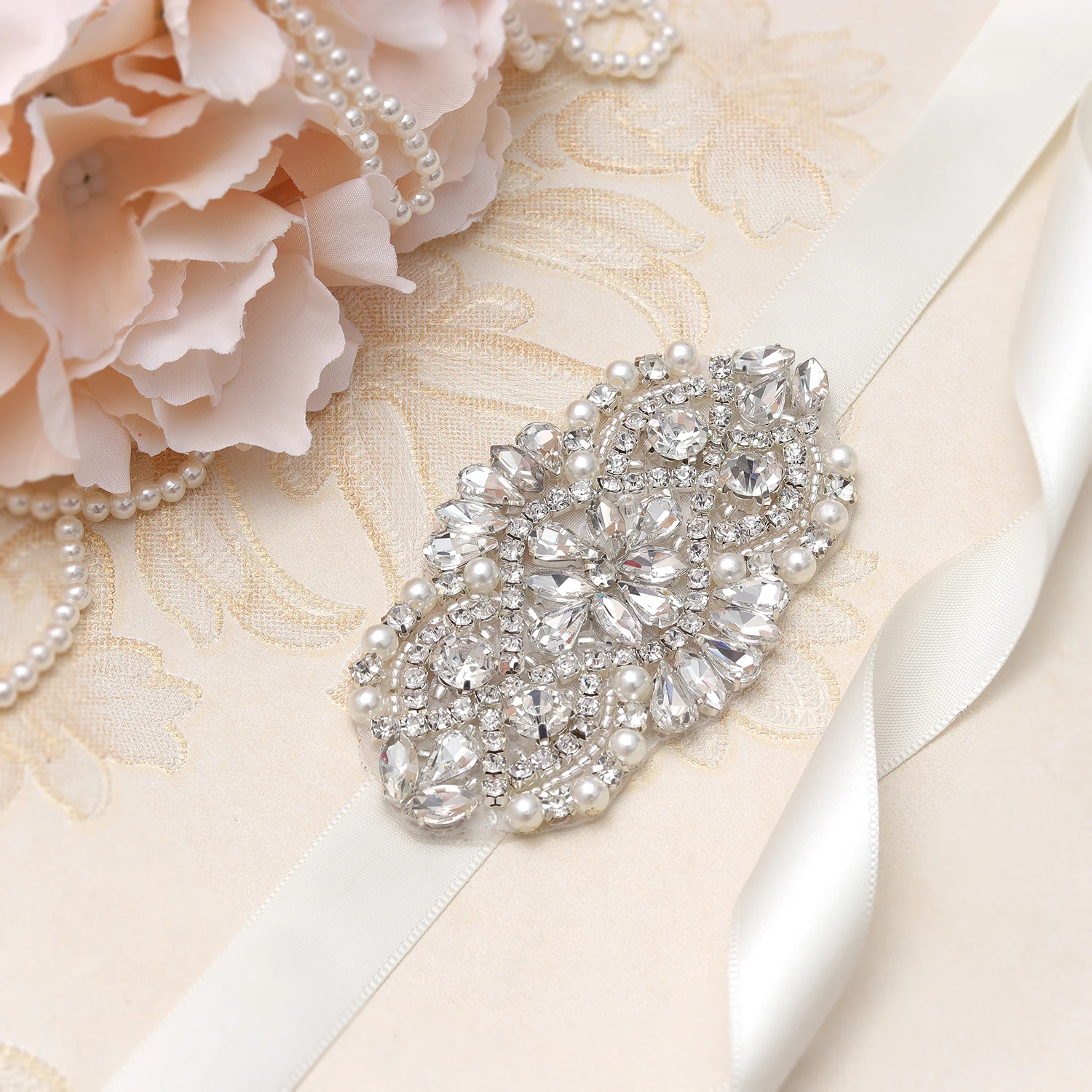 

MissRDress Pearls Wedding Belt Sash Rhinestones Bridal Belt Silver Crystal Diamond Bridal Wedding Belt For Women Dresses JK865