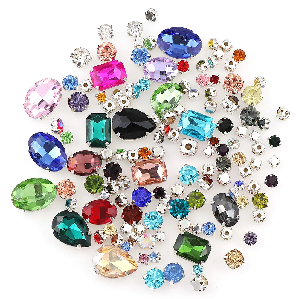 

100pcs Mix Shape Transparent Glass Sew-On Rhinestone With Gold Color Claw Apply To DIY Clothing Decoration Random