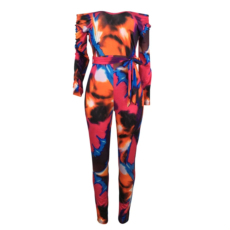 

Echoine Sexy Print Bodysuit Long Sleeve With Belt Long Pants Bodycon Jumpsuit Off Shouder Night Club Party Outfits Jumpsuits