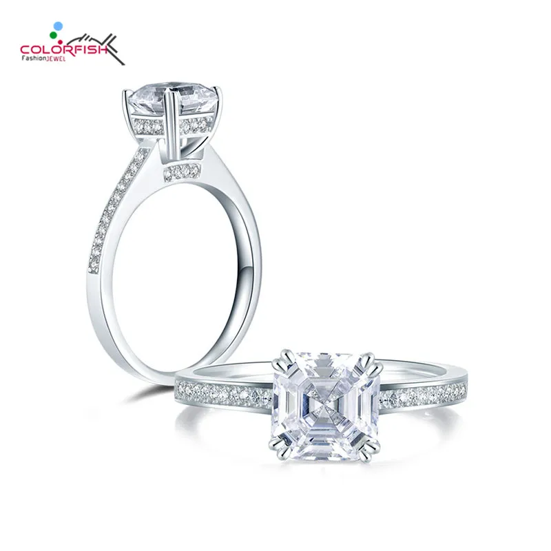 

COLORFISH, Стерлинговое Серебро 925 пробы, 2 карата, обручальное кольцо, Asscher Cut Sona, синтетические Свадебные ювелирные изделия, женские обещанные ко...