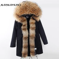mao mao kong 2017 new winter long jacket parkas camouflage army green raccoon fur collar hooded parkas thick coat real fur