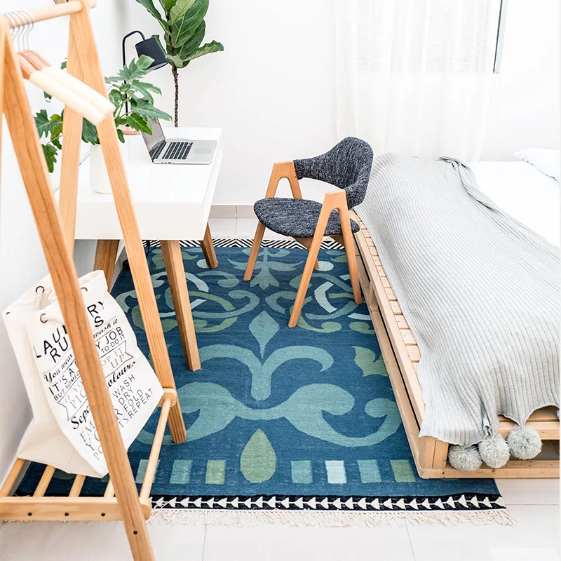 

Kilim Solid 100% WOOL morocco Living room Carpet geometric blue Indian Rug bohemia flower Modern Mat design Nordic style