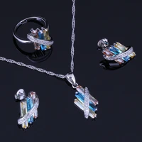divine multigem multicolor yellow cubic zirconia silver plated jewelry sets earrings pendant chain ring v0968