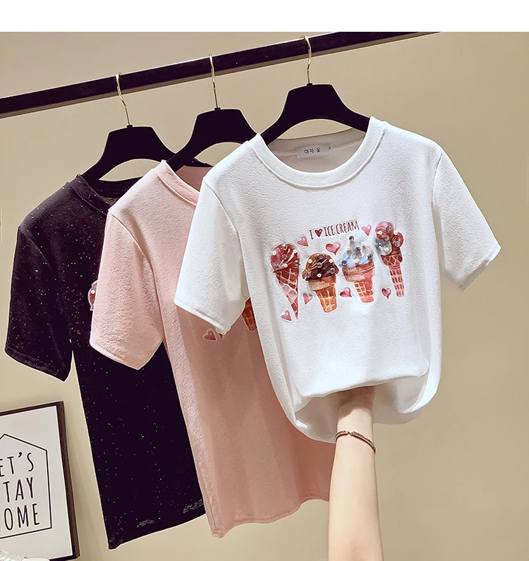 Модная футболка с бриллиантами, женская футболка, хлопковый топ, camisetas verano mujer,, летние топы, футболка, женская одежда, футболка, femme