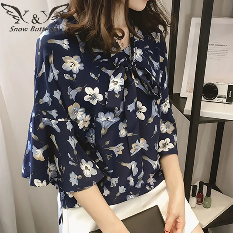 2019 плюс размеры женская блузка лето Винтаж V образным вырезом Пуловер с рисунком