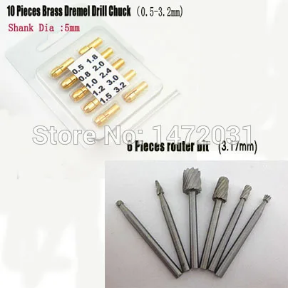 6 шт. HSS фреза + 10 латунь Dremel колле мини патрон 0.5 / 0.8 1.0 1.2 1.5 1.8 2.0 2.4 3.0 3.2 мм |