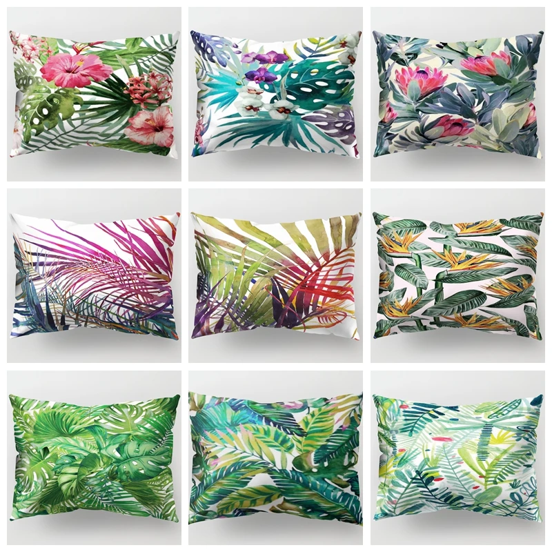 

50x30cm Tropical Plants Green Leaves Monstera Cushion Covers Hibiscus Flower Cushion Cover Decorative Beige Linen Pillow Case