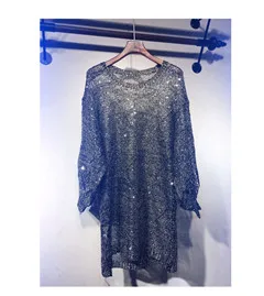 black gold Cakucool блестками мини-платье с длинными рукавами на весну Бисер Vestidos Блестящий Золотой Люрекс Big с О-образным вырезом Повседневное сексуальные свободные трикотажные платья - Цвет: black gold