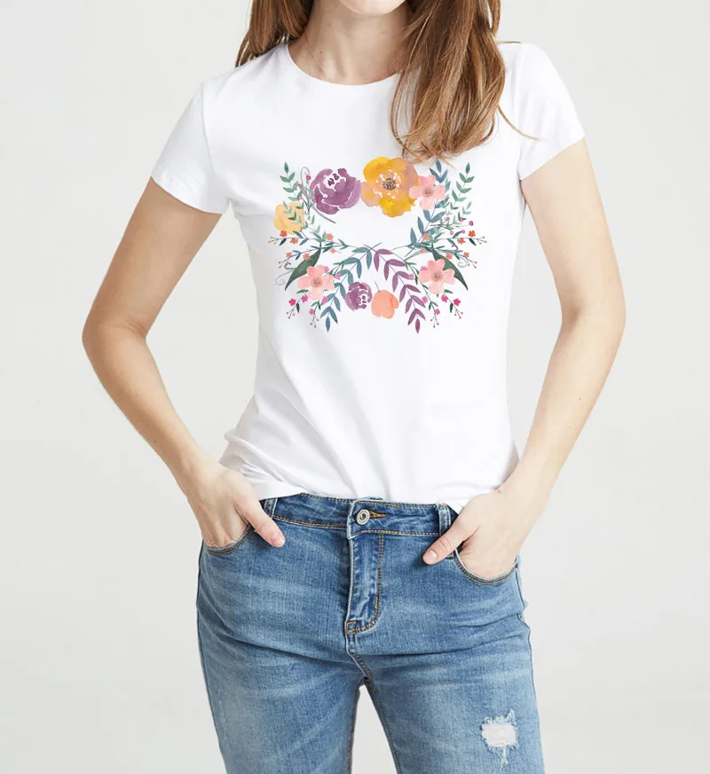 Harajuku/женские с цветочным принтом белый Camisetas Mujer летняя уличная футболки