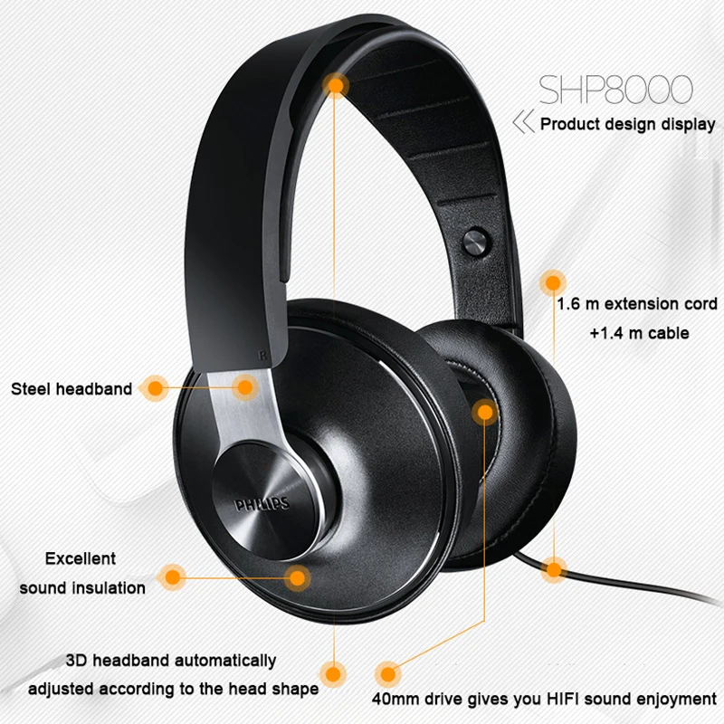 Профессиональные Philips SHP8000 наушники с длинными проводами микрофон Регулятор