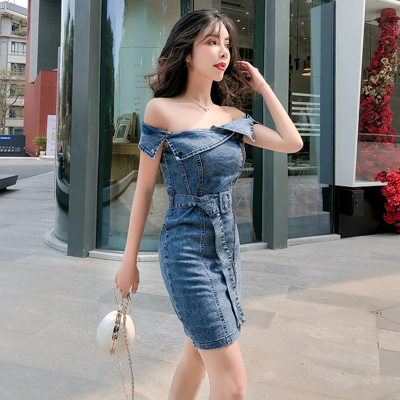 С открытыми плечами Bodycon Midi джинсовое платье для женщин лето vestidos 2019 Новый пояс