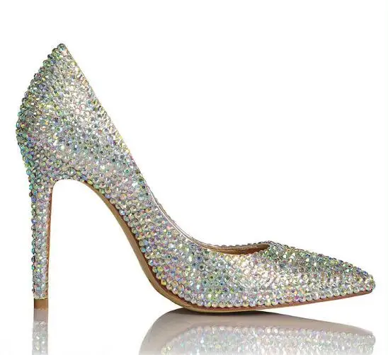 

bride High heels Bride Wedding shoes woman 10CM heel Pumps pointed toe rhinestone high heels crystal wedding dress shoes