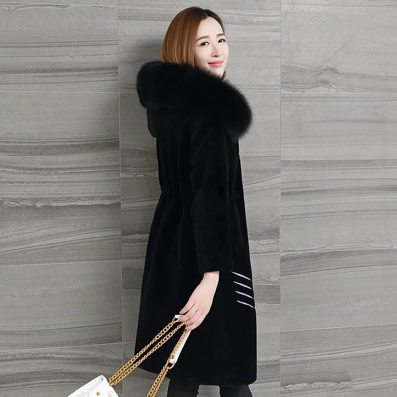 

2019 Korean Style Women Autumn Winter Fake Fur Coat Female Hooded Striped Warm Thicken Loose Jackets Plus Size 5XL Outerwear F90