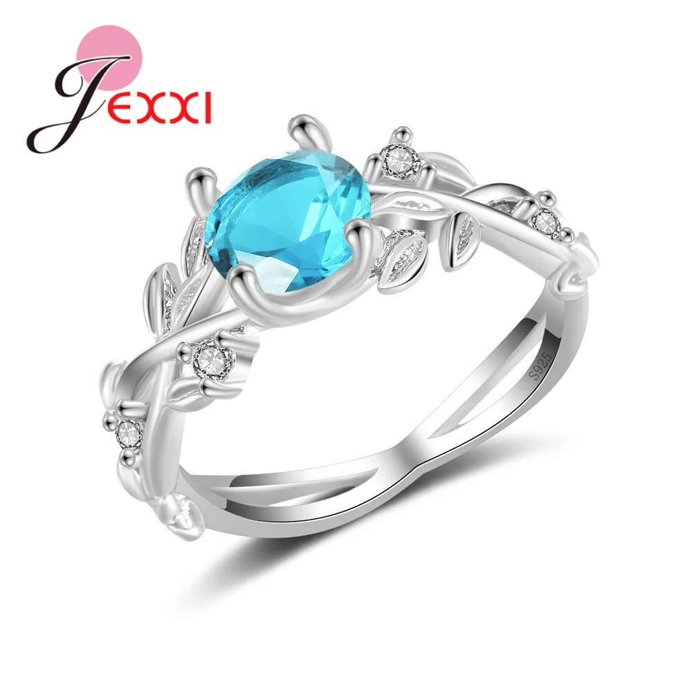 

Genuine 925 Sterling Silver Stackable Ring With Clear Lake Blue Shining CZ Stones Leaf Design Finger Rings for Women Gifts