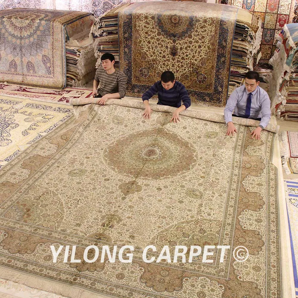 Goede Yilong 10'x14' Vantage Perzische Zijden Kleed Grote Antieke Beige Oosterse Zijde Tapijt (1908)