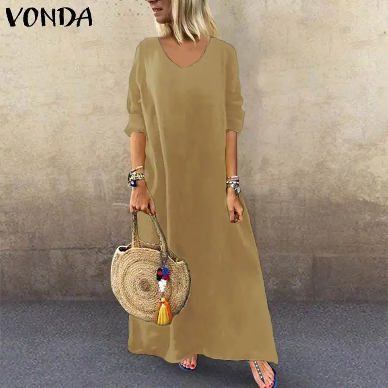 VONDA женское богемное длинное платье макси, повседневное свободное пляжное платье с длинным рукавом, Осенние вечерние платья, винтажное платье для женщин размера плюс