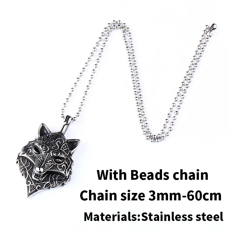 with bead chain Стальной солдат колье с кулоном в стиле викингов Тор Воющий волк с черным Чарм, подвеска из камня ожерелье человек панк ювелирные изделия из нержавеющей стали цепь - Metal Color: with bead chain