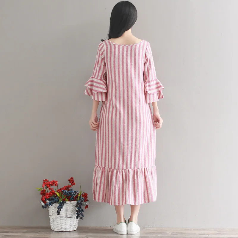 Vestidos Mujer весенне-летнее платье хлопковое льняное для девочки в полоску с рукавом