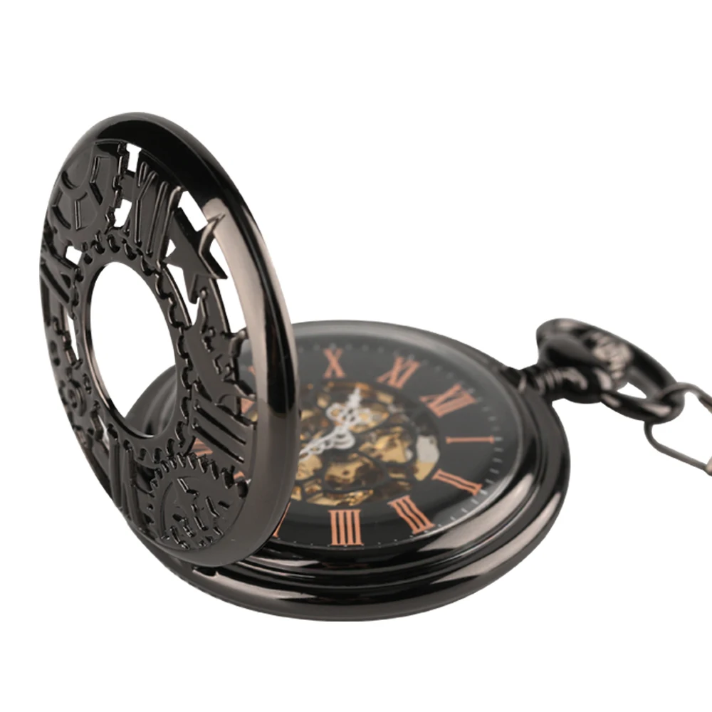 Antique Hand Mechanical Pocket Watch Vintage Gear Wheel Full Hunter Black Pendant Necklace Pocket Clock Gift for Women Men