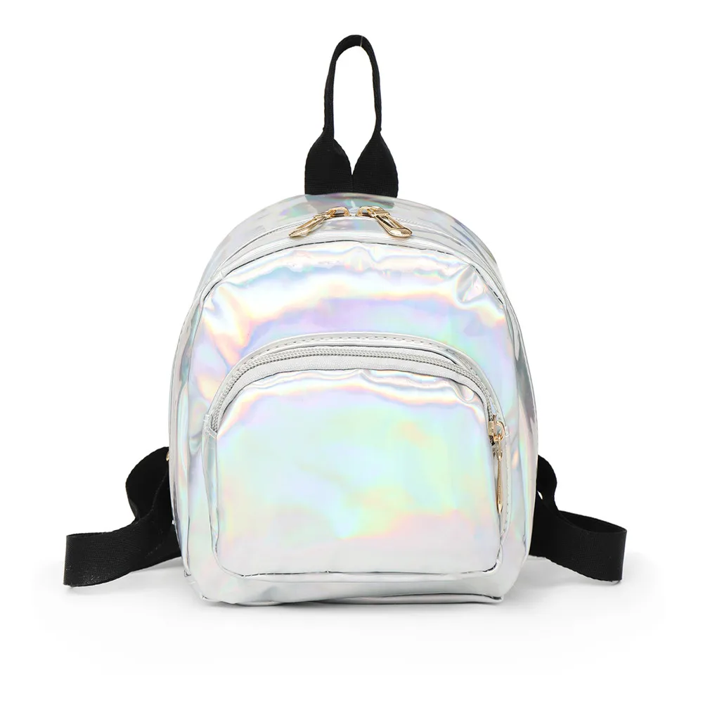 Silver Women Laser Hologram PVC Backpacks Girls Shoulder School Backpack Female Small Leather Holographic Travel Bag Mochila Feminina - Цвет: Silver