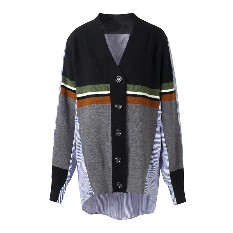 [EWQ] 2019 Fall Winter New Cardigan Sweater Knitted Long Sleeve Women'Point Open loose Fake two-piece stitching Sweters QK026 |