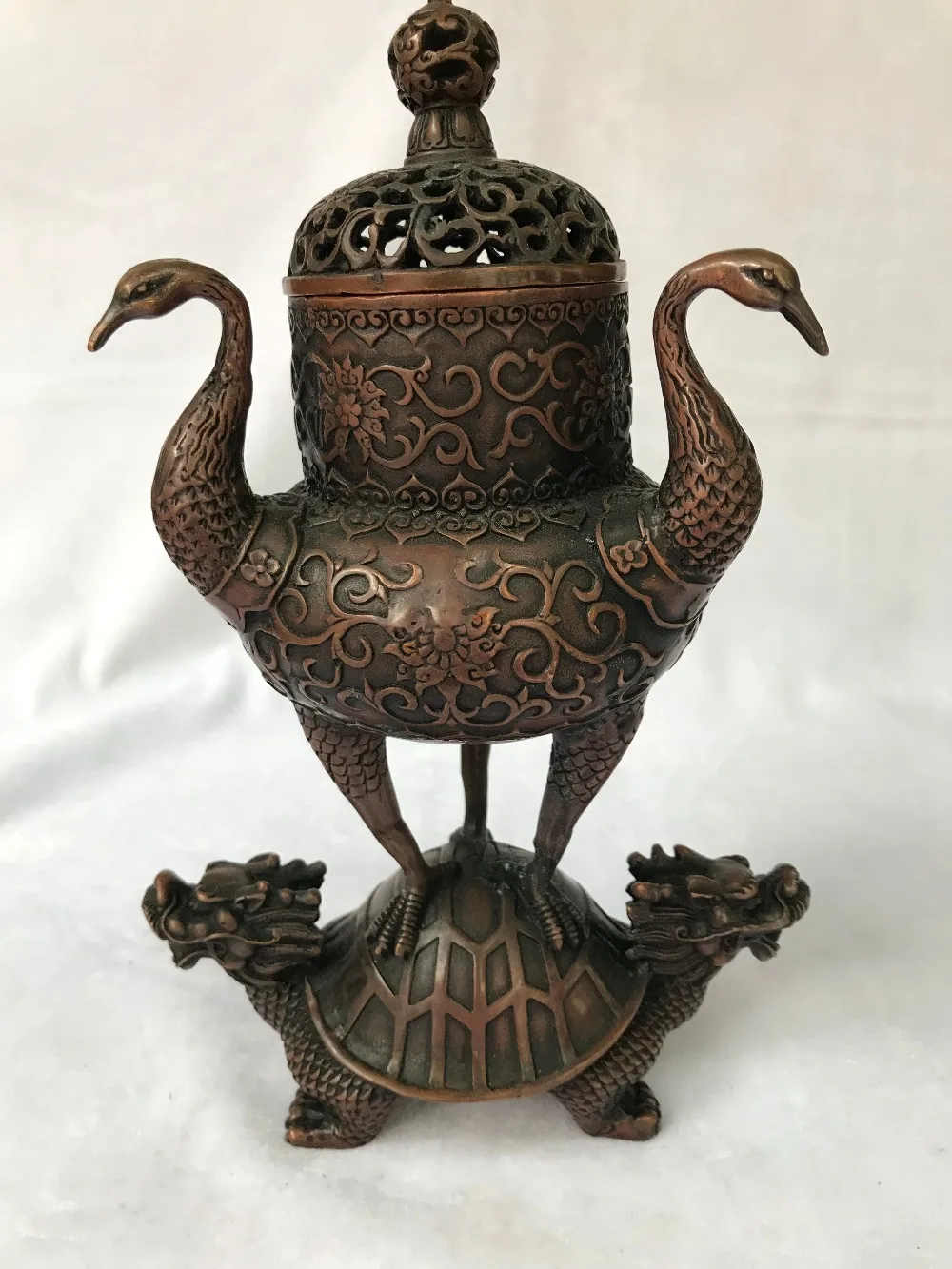 

Chinese Copper Cranes Dragon Tortoise Turtle Bird Flower Incense Burner Censer