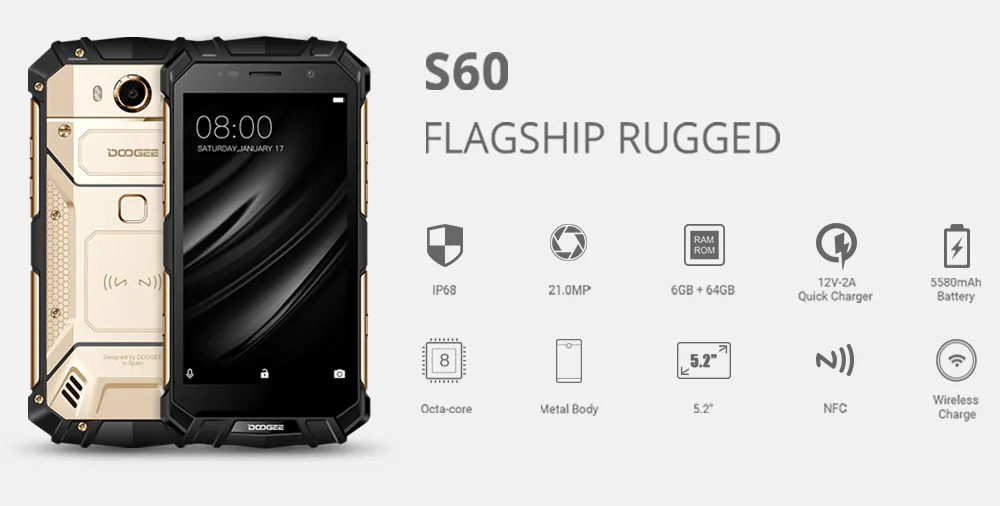IP68 DOOGEE S60 беспроводной зарядный смартфон 5580 мАч 12V2A Быстрая зарядка 5,2 ''FHD Helio P25 Восьмиядерный 6 ГБ 64 Гб МП