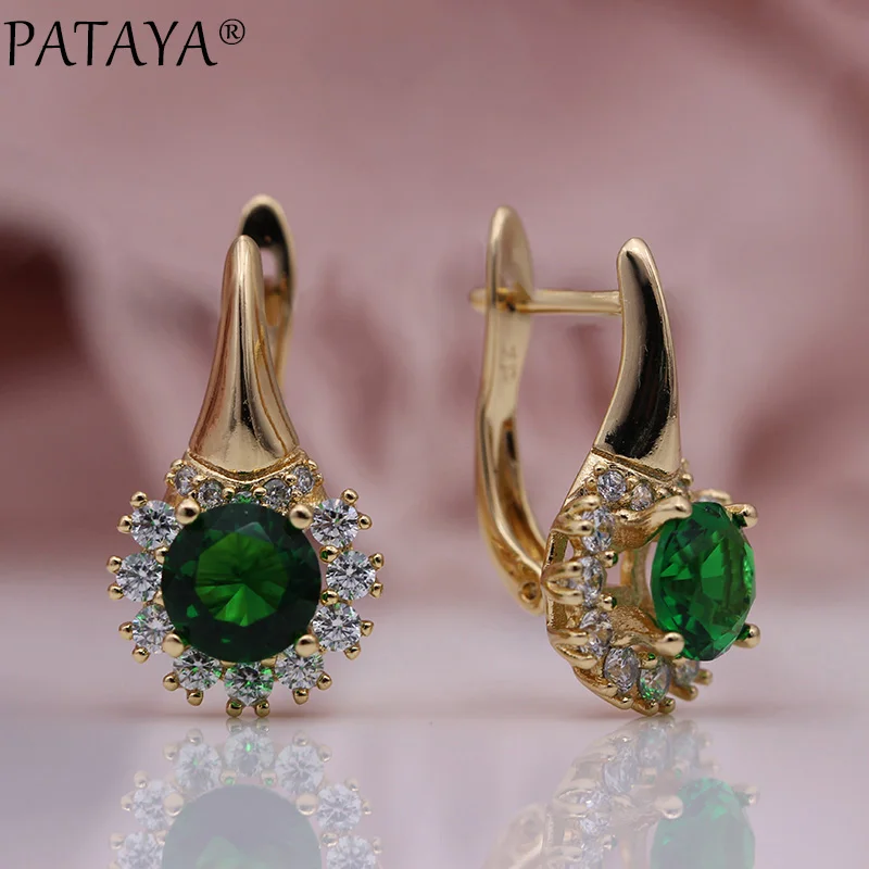 Emerald PATAYA, новые круглые темно-синие свадебные висячие серьги, женские милые вечерние серьги с цветами, модные ювелирные изделия, 585 розовое золото, серьги с натуральным цирконием - Окраска металла: Emerald