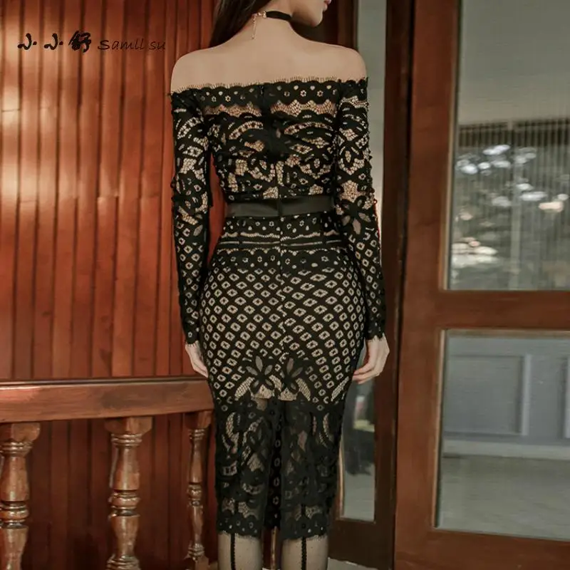 Женский кружевной сарафан с открытыми плечами Черное длинное Бандажное платье
